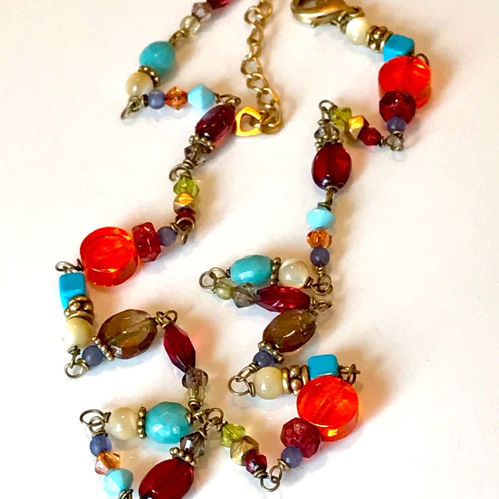 Necklace multi color beaded antique gold tone